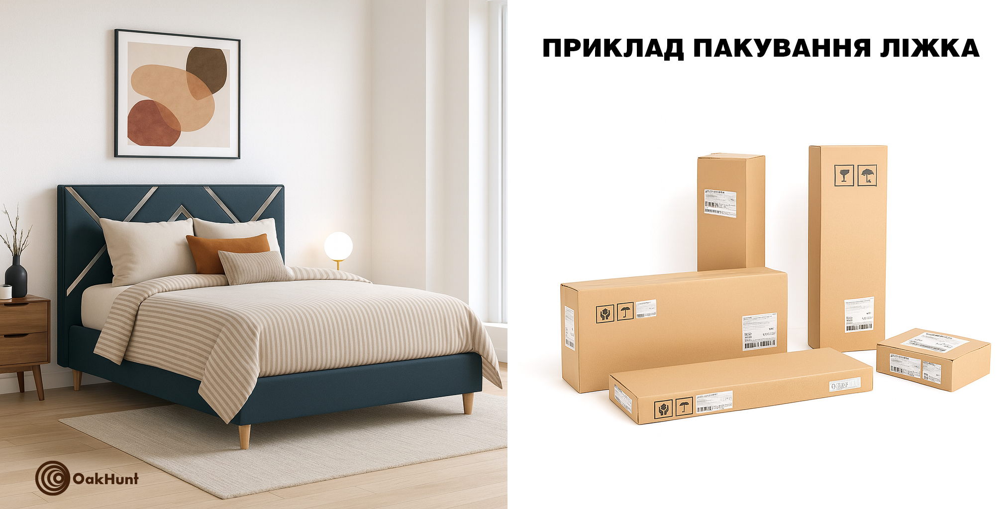 Приклад пакування ліжка у картонні коробки з маркуванням та етикетками